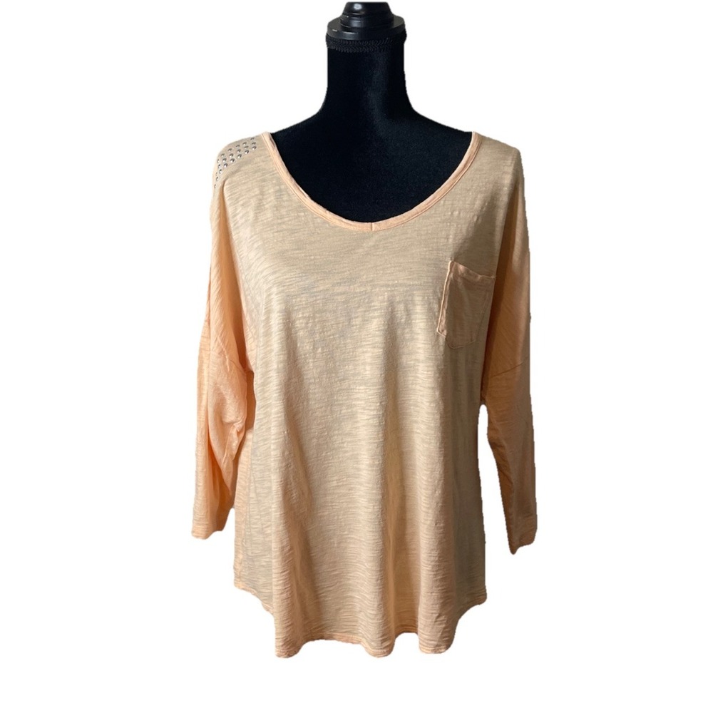 Chicos 3 US XL Top Peach Studded Shoulder Slub Knit Pocket Long Sleeve Casual